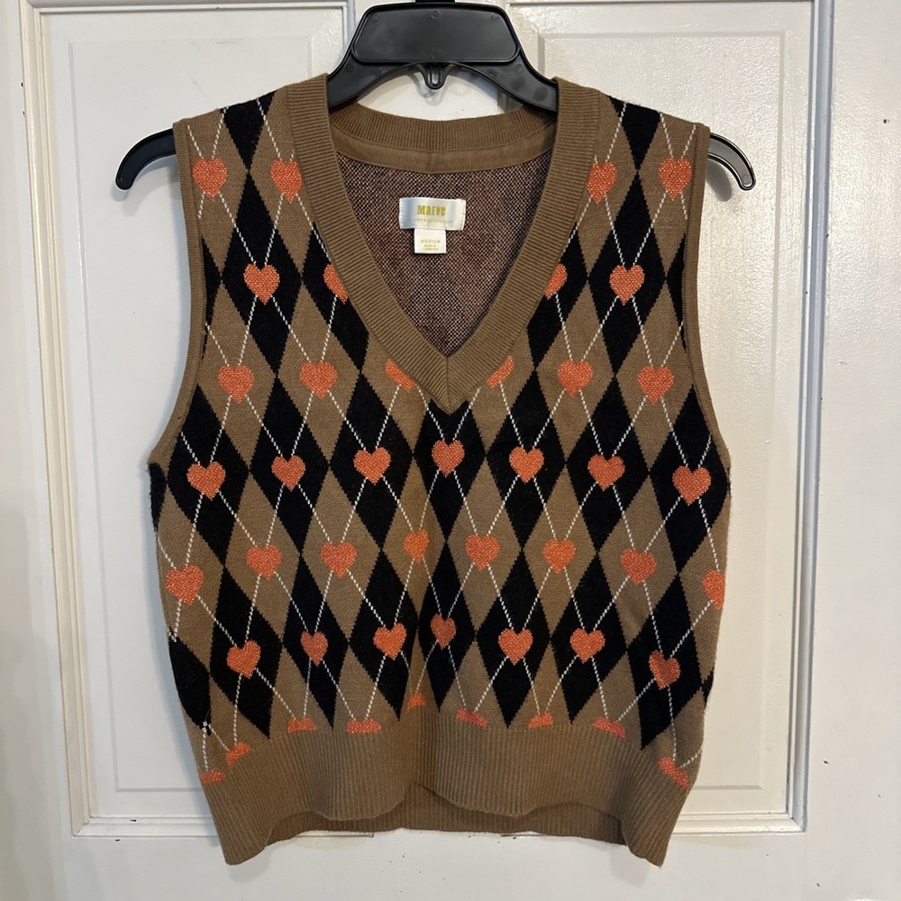 Maeve by Anthropologie Jacquard Sweater Vest Plaid Metallic Heart Size Medium - Picture 2 of 12